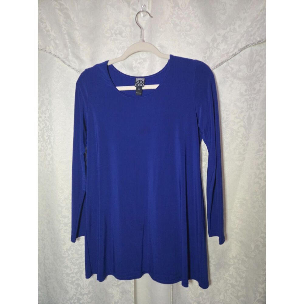 Clara Sunwoo Blue Tunic Top Long Sleeve Stretch Scoop Neck | M